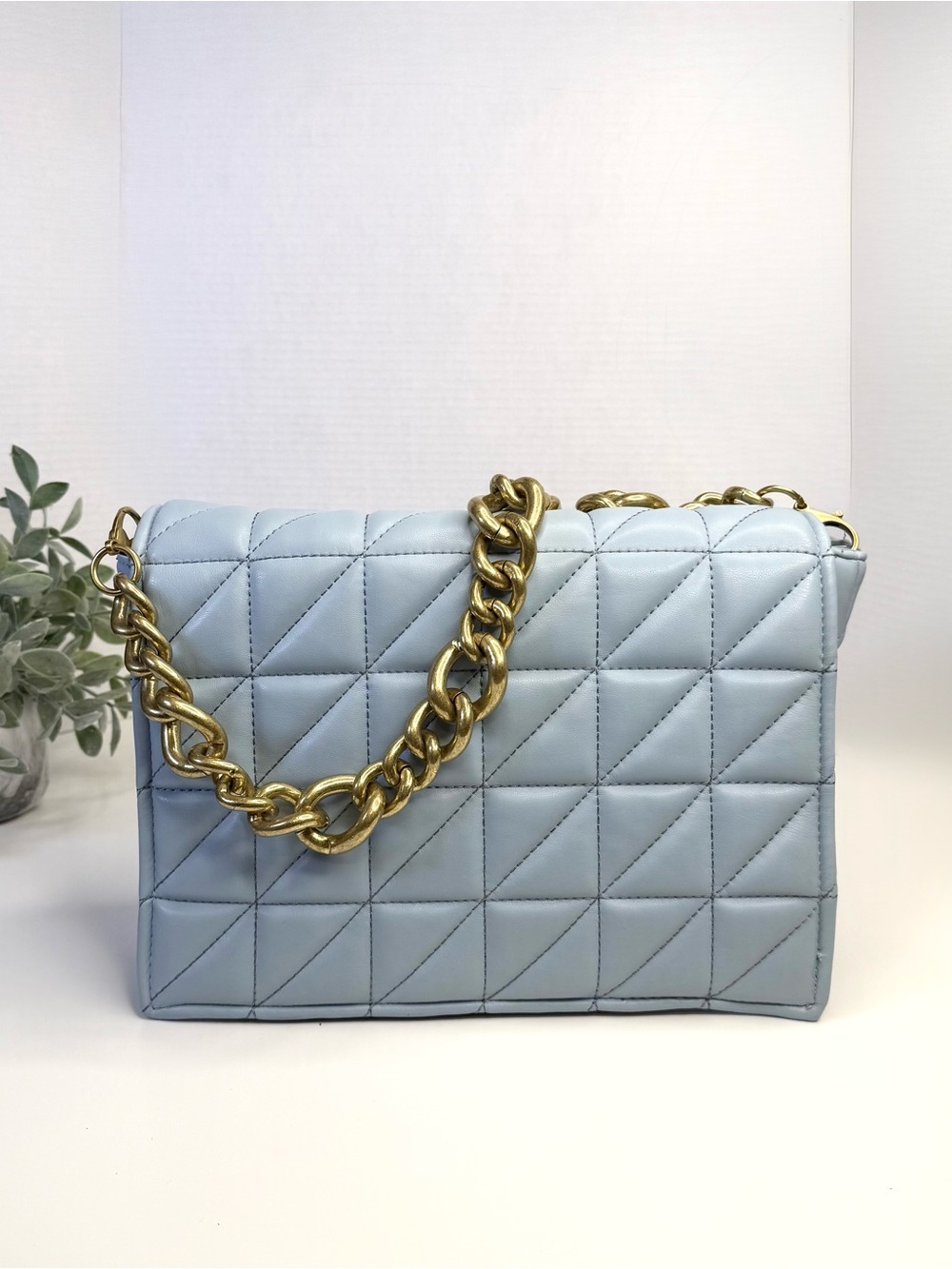 Zara Baby Blue & Gold Quilted Shoulder Bag Gold Chain Accent Strap - Picture 1 of 16